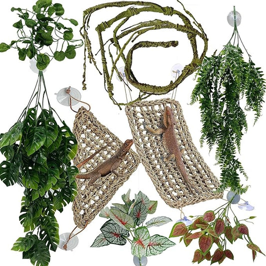 Reptile Plants for Bearded Dragon Tank Accessories, Terrarium Plant Artificial Decor for Snake Cage, Fake Plant for Leopard Gecko Habitat, Lizard Chameleon Ball Pythons (Group GN)