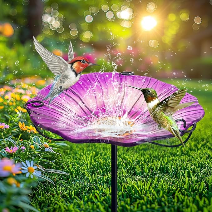 HONGLAND 29 Inch Height Bird Baths for Outdoors, Glass Birdbaths Outdoor Birdfeeder Flower Pattern with Metal Stake-Purple