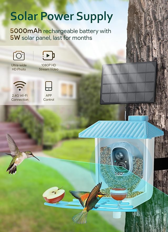 Osoeri Bird Feeder with Camera - Solar Smart Bird Feeder with AI Identify, 1080P HD Auto Capture Birds Video, Real-Time Alerts, Gifts for Family and Friends, 2.4GHz WiFi