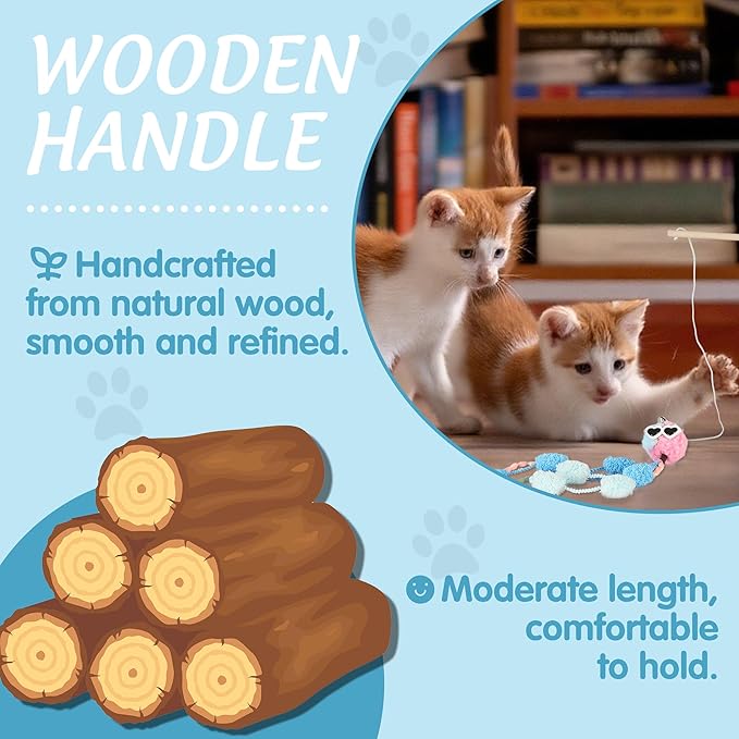 Elastic Plush Cat Wand Toy Funny Interactive Cat Fishing Pole Toy with Bell Soft Natural Wood Kitten String Toys for Indoor Cats Kittens Bored Cats (3 Pack)