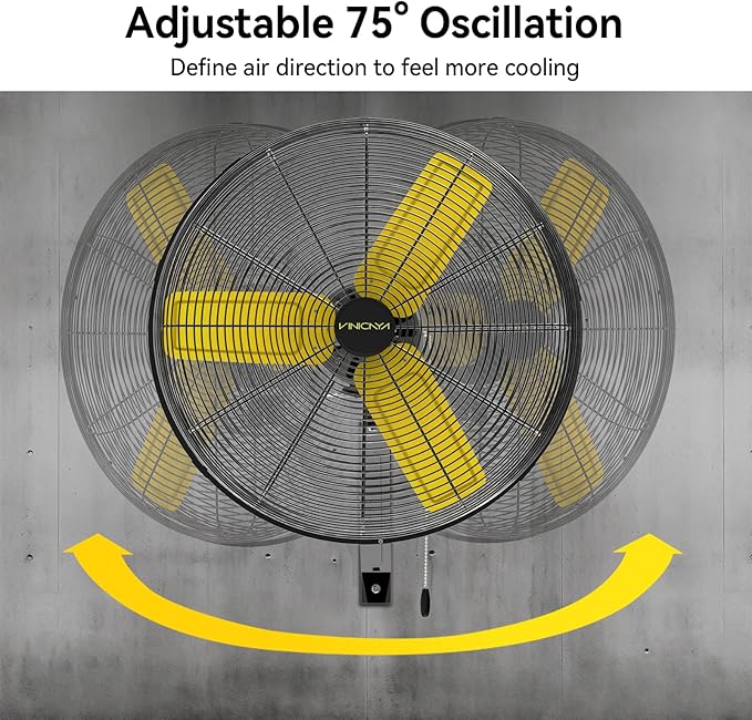 24 Inch Industrial Wall Fan Oscillating, 7800 CFM Commercial Metal Wall Mount Fans with Poweful Motor, 3 Speed, Heavy Duty Indoor for Warehouse, Workshops, and Garage, UL Listed