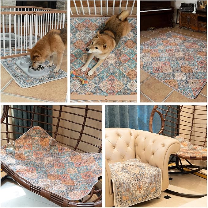 nunubaby Washable Pee Pads for Dogs, Stylish, Non-Slip and Leak-Proof Pee Pads. Reusable Potty Pads for Dogs for Crates and Floors.(Brown/Geo, 24" x48")