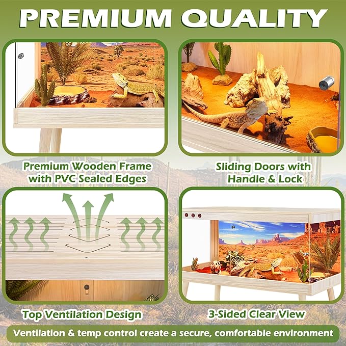 Royxen Tempered Glass Bearded Dragon Tank,81 Gallon Reptile Tank with Leg Stand,Built-in Lighting Reptile Enclosure Scartch-Proof Bearded Dragon Encloure for Chameleon,Snake,Lizard(Oak,48"x 20"x 20")