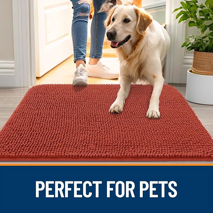 OLANLY Dog Door Mat for Muddy Paws 44x24, Absorbs Moisture and Dirt, Absorbent Non-Slip Washable Doormat, Quick Dry Chenille Mud Mat for Dogs, Entry Indoor Entryway Carpet for Inside Floor, Maple Red