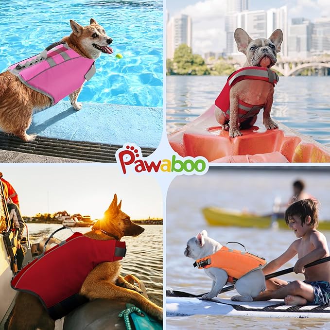Pawaboo Dog Life Jacket, Reflective Dog Safety Vest Adjustable Pet Life Preserver with Strong Buoyancy & Sturdy Rescue Handle, Ripstop Dog Lifesaver Vests for Swimming, Boating, L, Red