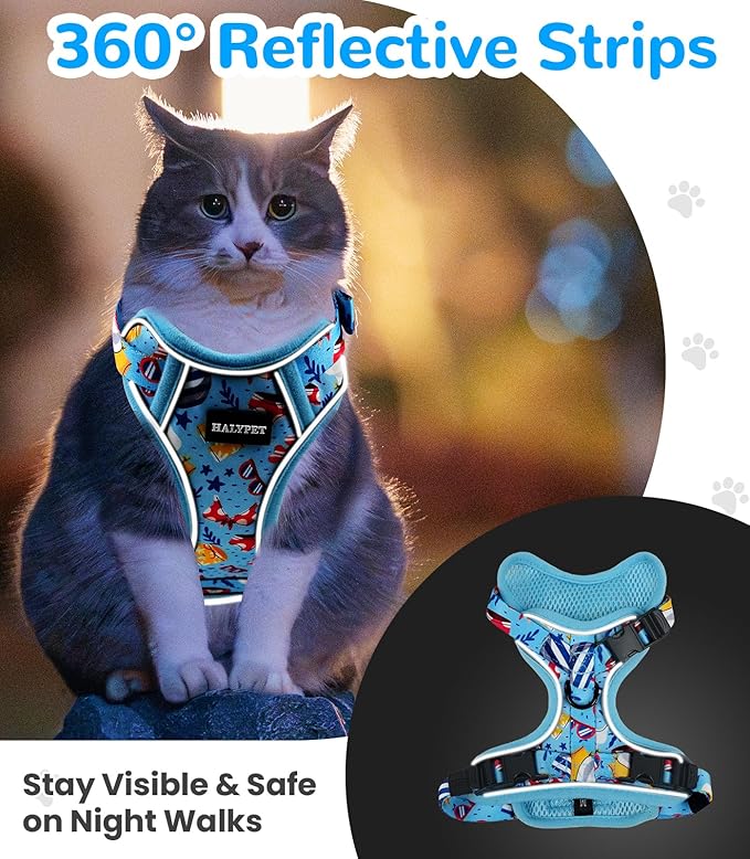 Halypet Cat Harness and Leash Set for Walking, Escape Proof Adjustable Vest Harness with 3-in-1 Integrated Buckles, Easy Control Soft Breathable Mesh with Reflective Strips for Cats, S, Azure Blue