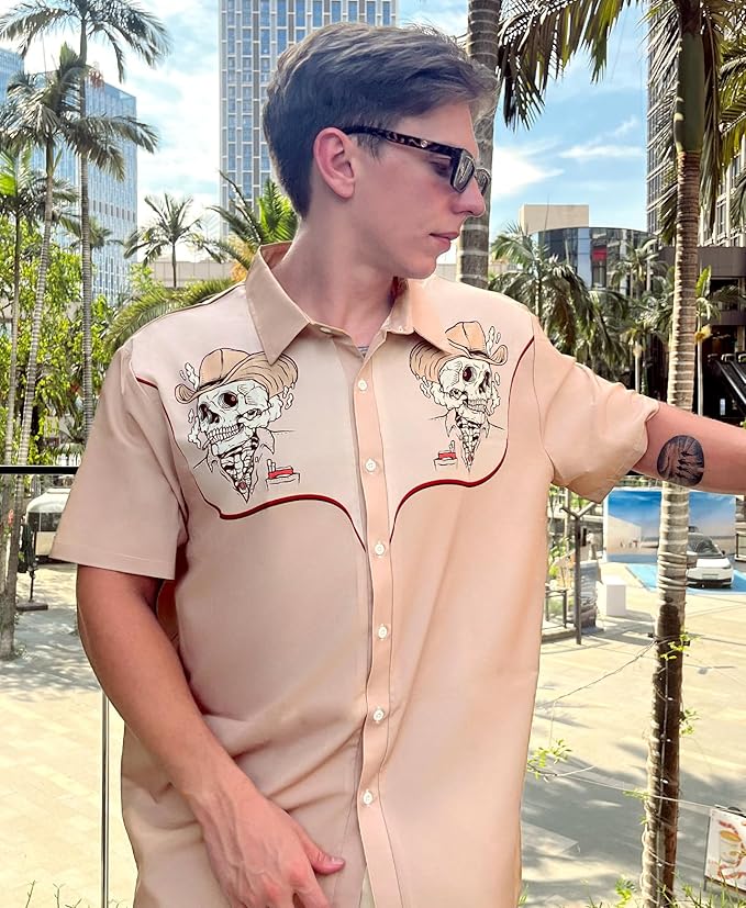 Men’s Hawaiian Shirt Western Cowboy Symmetrical Print Short Sleeve Button Down Casual Beach Holiday Summer Shirt