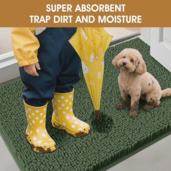 IM HOME 36" x 24" Olive Dog Door Mats for Muddy Paws, Chenille Absorbent Dog Mat, Non Slip Heavy Mud Mat for Dogs, Soft Pet Bed Mat for Entryway, Mud Paws, Inside Floor