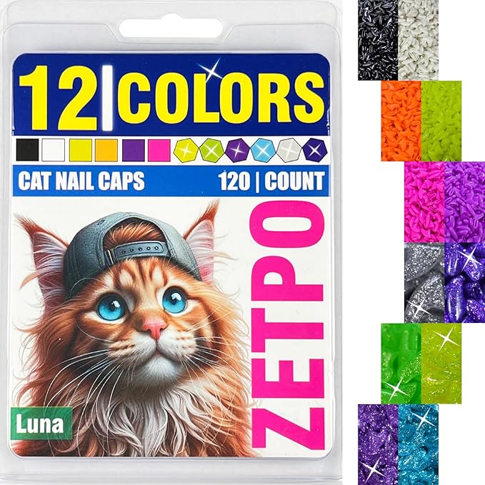 zetpo Cat Nail Caps | Cat Claw Covers | with Adhesives and Applicators (S, 12x Colors/Luna | 120 pcs)