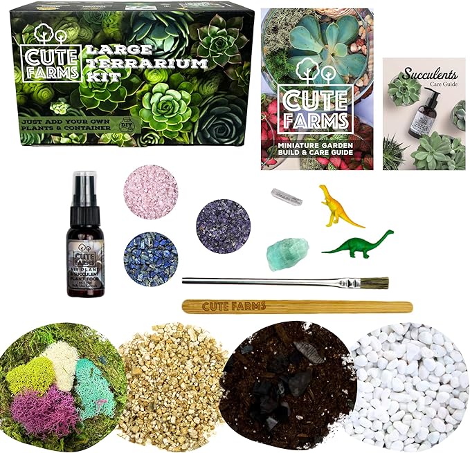 Cute Farms Terrarium Starter Kit | Moss, Vermiculite, Soil, Pebbles, Plant Food, & Finishing Tools (Large Kit + Crystals)
