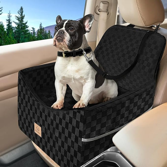 Dog Car Seat for Small and Medium Dogs Up to 35 lbs –Memory Foam Dog Booster Seat with Safety Leash & Storage Pockets, Fits Front & Back Car Seats, Removable Washable Cover – Black