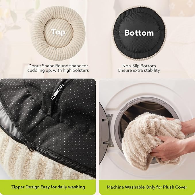 MIXJOY Dog Beds Large Sized Dogs, Washable Dogs Bed with Removable Cover, Cozy Donut Dog Ded Fluffy Plush Faux Fur Pet Bed with Anti-Slip Bottom, 36"x36"x10", White