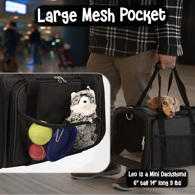 Pet Carrier with Wheels | Delta American Frontier Airline Approved | Two Expandable Sides, Storage Pockets Adjustable Leash | Rolling Dog and Cat Carrier TSA Compliant (Black 17x11x11)