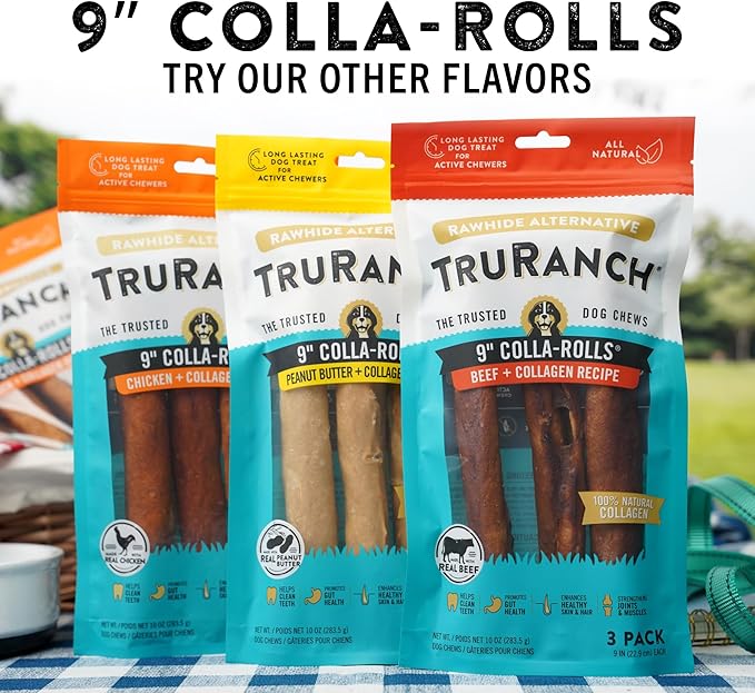Collagen Rolls - 9" Collagen Rolls for Dogs - Long Lasting Healthy Joint Support Dog Treat - Rawhide Alternative - Skin & Coat Health - Made with Real Chicken, 1 Bag, 3 Count