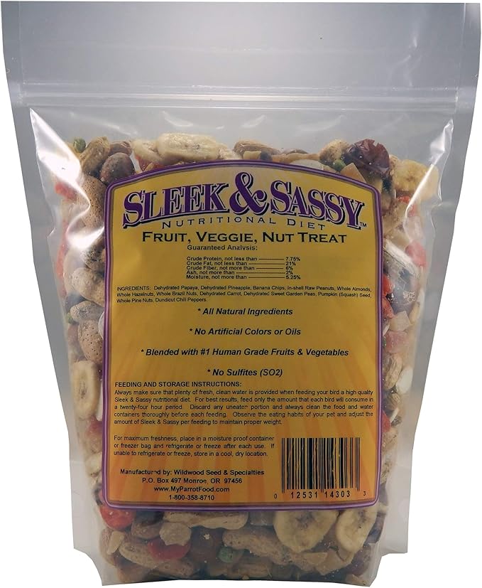 SLEEK & SASSY Fruit, Veggie, Nut Parrot Treat Perfect for Large Conures, Amazons, African Greys, Cockatoos, Pionus-Parrots & Macaws (3 lbs.)