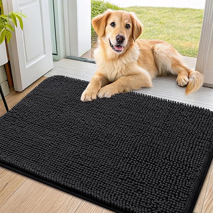 Smiry Dog Door Mat for Muddy Paws 36x24, Absorbs Moisture and Dirt Doormat, Non-Slip Washable Quick Dry Chenille Front Door Mat Indoor Entrance, Entryway Carpet for Inside Floor, Black
