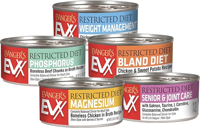 Evanger’s EVX Restricted Diet Weight Management Canned Cat Food – 24 Count, 5.5 oz Cans Each – Chicken, Salmon & Sweet Potato Recipe – Grain Free, Limited Ingredients, Pâté Style