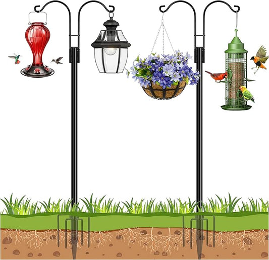 Ottsuls Bird Feeder Pole, 2 Pack 108 INCH Double Shepherds Hooks for Outdoor, Garden Pole with 5 Base Prongs Heavy Duty Planter Hooks for Hanging Plant Baskets, Lantern, Hummingbird Feeder