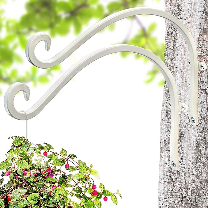 Bird Feeder Hanger: 12-Inch Wall-Mounted Plant Bracket Outdoor - 2 Pieces White Plant Hooks for Hanging Flower Baskets