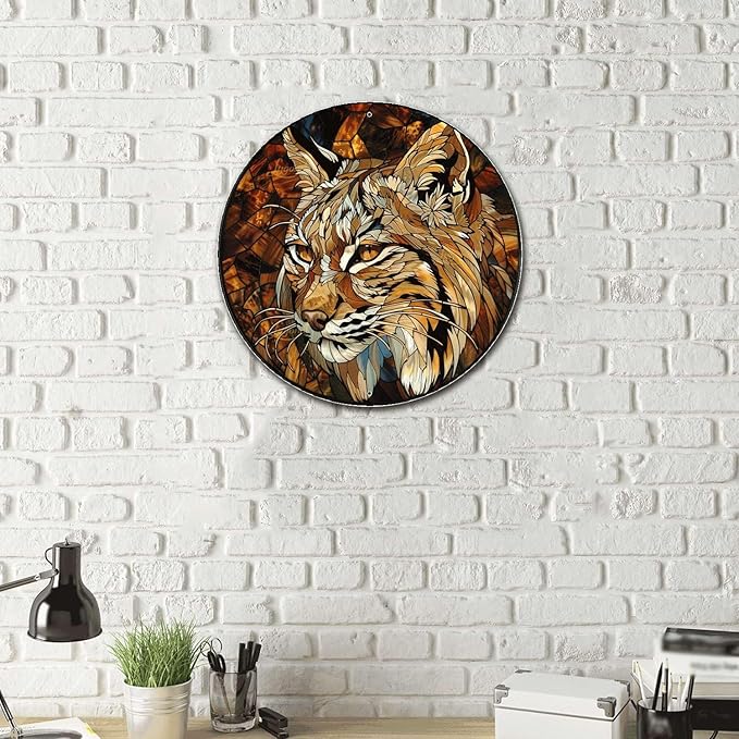 Lygond Metal Sign Tin Sign Circular Stained Glass Bobcat Signs for Garden for Patio 12×12 Inches