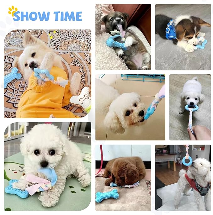 BAEJMJK 6 Pack Puppy Teething Toys Blue Small Breed Dog Chew Toys with Rope Cute Plush Squeaky Dog Toys Soft Rubber Puppy Toys Set for Cleaning Teeth Interactive Pet Doggy Bone Toys
