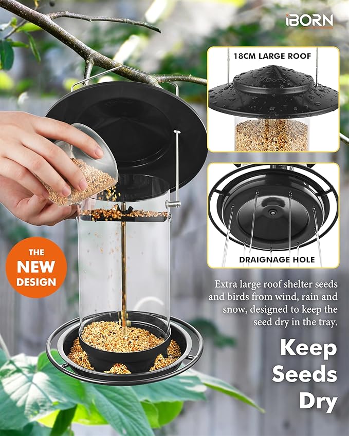 iBorn Metal Bird Feeders for Outdoors Hanging,Wild Bird Feeders for Cardinal,18cm Large Roof&Tray Black 6 Port (Seed is not Included)