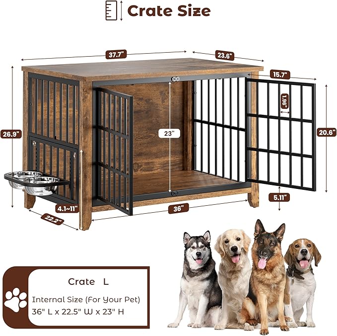 Lulive Wooden Dog Crate Furniture, Large Dog Kennel Indoor with 360°& Adjustable Raised Dog Bowls, Double Doors Furniture Dog Crates End Table for Large/Medium Dogs 37.8" L*23.6" W*27" H, Brown