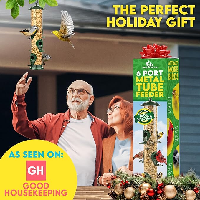 Bird Feeders for Outdoors (Green) Squirrel Proof Hanging Bird Feeder with Locking Lid & Adjustable Hanger, Chew-Proof, Weather Resistant 15 Inches 6 Port