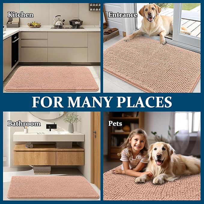 OLANLY Dog Door Mat for Muddy Paws 30x20, Absorbs Moisture and Dirt, Absorbent Non-Slip Washable Doormat, Quick Dry Chenille Mud Mat for Dogs, Entry Indoor Entryway Carpet for Inside Floor, Peach