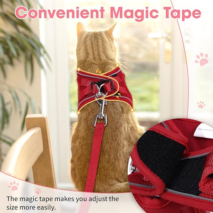 Cat Harness and Leash Set for Walking Escape Proof, Soft Adjustable Kitten Harness Breathable Mesh with Reflective Strips Harness for Kitty Puppy Bunny(Red,S)