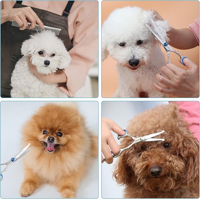 GEMEK Professional 5 in 1 Dog Grooming Scissors Set with Safety Round Tips, Sharp and Heavy-duty Pet Grooming Shears for Cats (Blue)