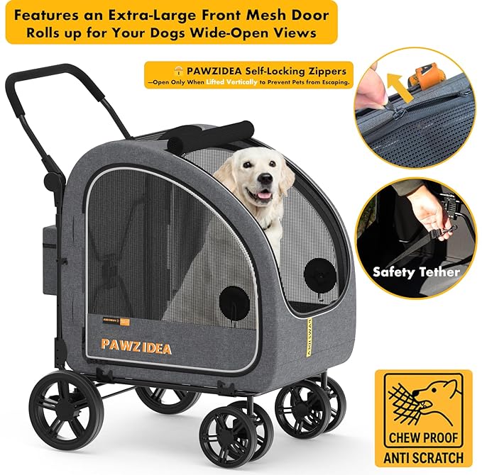 PAWZIDEA Large Dog Stroller with Detachable Carrier, Portable Dog Crate for Car Travel, Multiple Pet Strollers for Medium Dogs up to 80lbs, Adjustable Handle, All-Terrain 9” Wheels, Storage Organizer