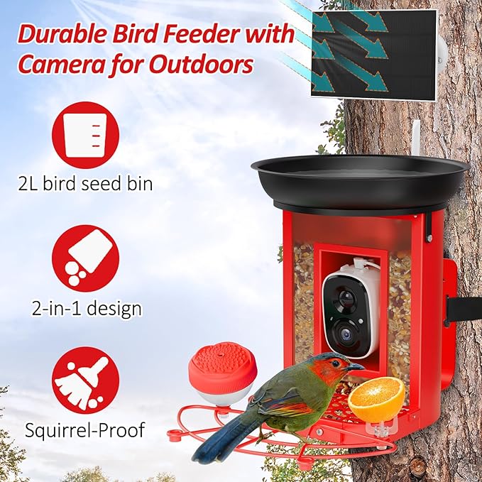 Bird Feeder with Camera, 2K Birds Camera with 3-in-1 Feeding, Drinking, and Bathing | AI Identify, Real-Time Monitoring and Alerts | IP65 and Squirrel-Proof for Outdoors, Gift for Bird Lovers