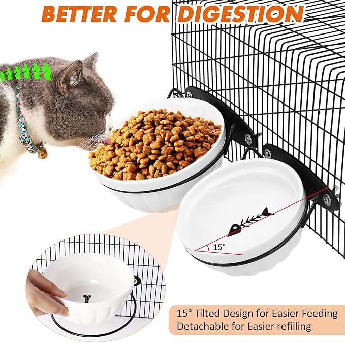 Dog Kennel Water Bowl, 2 Pack Ceramic Hanging Dog Crate Water Bowls No Spill, Removable Thick Tilted Cat Food/Water Bowls for Small Dogs, Cats, Rabbit, Guinea Pigs(5.7 * 2.4&4.7 * 2”)