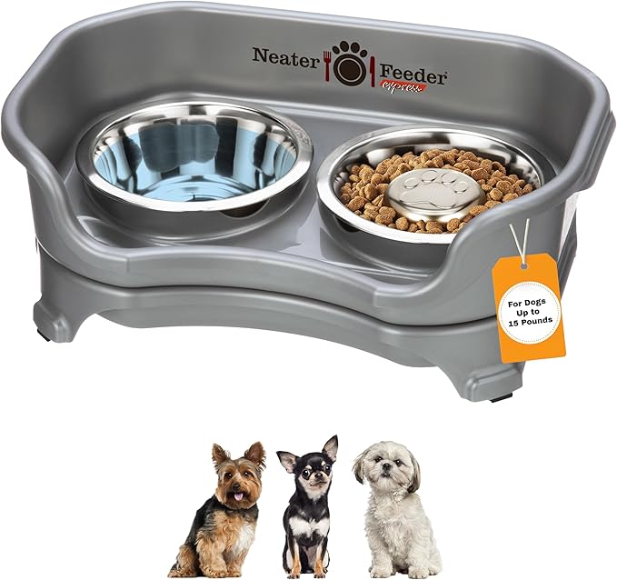 Neater Feeder Express Mess Proof Dog Bowls Elevated for Small Breed – Made in USA – No Spill Raised Slow Feeder Elevated Dog Bowl Stand, Stainless Steel Food and Water Bowl Set, Grey
