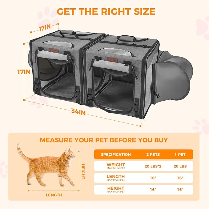 PETUX 2-in-1 Double Cat Carrier for Multiple Cats - Large Cat Travel Carrier with Litter Box, Play Tunnels, and Hammock - Portable Pet Carriers for Long Car Trips ＆ Vet Visit (34"x17"x17", Grey)