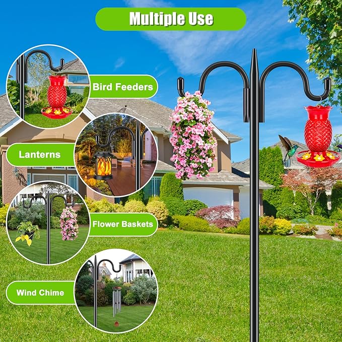 Gtongoko Double Shepherds Hook 92 Inch Bird Feeder Pole 1 Pack 3/4 Inch Thick Heavy Duty Garden Hooks for Outdoor Hanging Hummingbird Feeder, Plant Baskets, Solar Light Lanterns, String Light