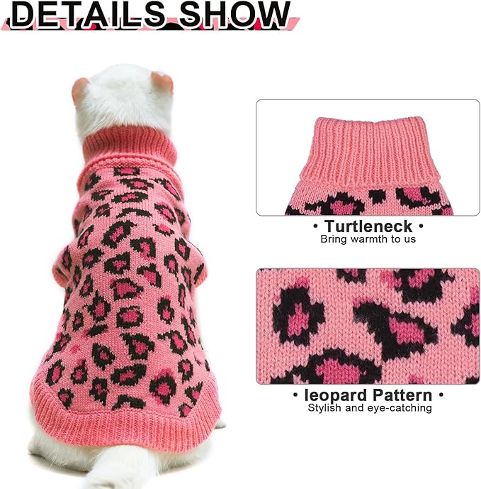 Mihachi Winter Warm Cat Sweater Turtleneck Puppy Pets Sweater Knit Vest Fashion Leopard for Cats Puppy Small Animals Pink Large