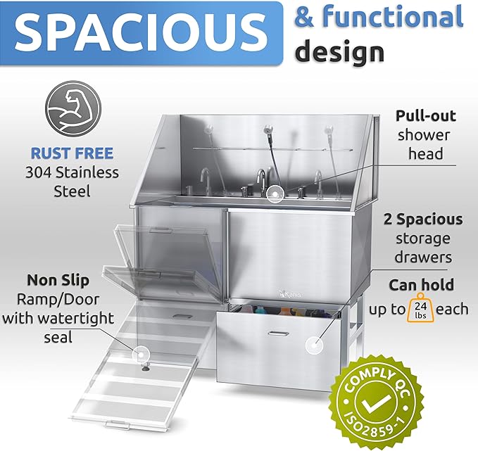 KANIS Professional Dog Washing Station - 304 Stainless Steel Pet Wash Sink & Grooming Bath Tub for Home with Ramp, Shower, Floor Grate, Storage Drawers, and Faucet for Large, Medium & Small Pets