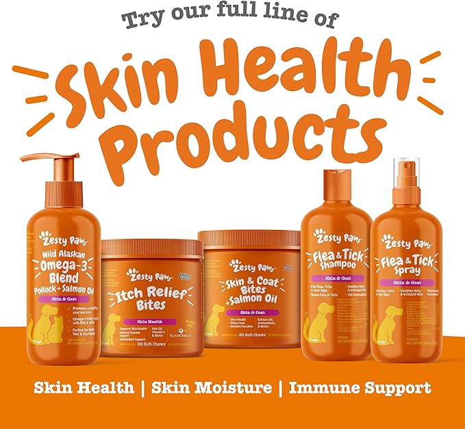 Zesty Paws Salmon Oil for Dogs Skin and Coat, Omega 3 Fish Oil Chews, Dog Allergy Relief Chews, Itch Relief Supplement, 90 Count, Bacon Flavor