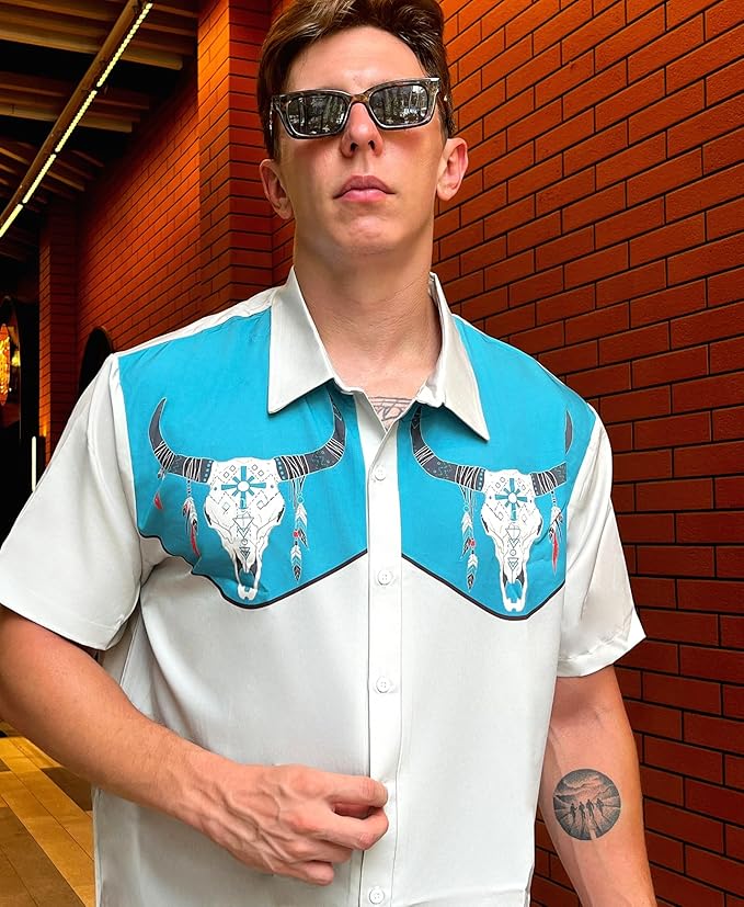 Men’s Hawaiian Shirt Western Cowboy Symmetrical Print Short Sleeve Button Down Casual Beach Holiday Summer Shirt