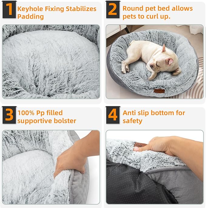 Long Fur Pet Bed for Medium Dogs, Plush Cat Bed with Bolster, Machine Washable Dog Bed with Non-Slip Waterproof Bottom, Orthopedic Support for Warmth & Security, 25x22 Inches