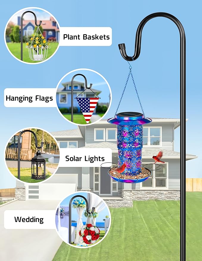 XDW-GIFTS Bird Feeder Pole for Outdoor, 76 Inch Shepherds Hooks Heavy Duty Garden Pole for Hanging Plant Basket, Solar Light Lanterns, Garden Plant Hanger Stands with 5 Base Prongs