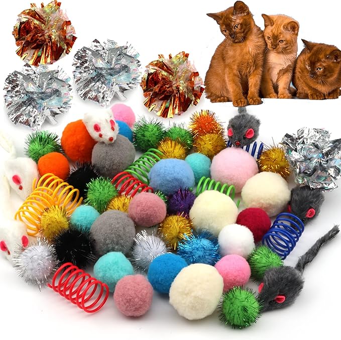60 Pack Cat Toys - Assorted Kitten, Mouse, Crinkle & Pom Pom Balls