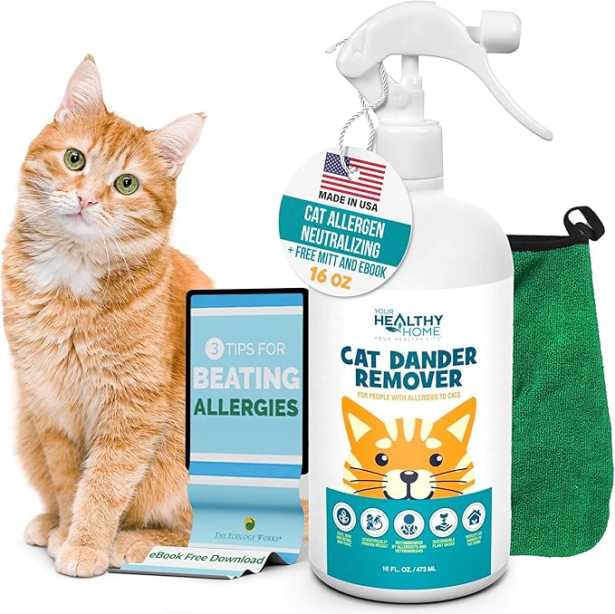 Cat Dander Remover Aloe Vera Free- Pet Dander Allergy Reducer Relief Dry Skin Spray for Cats and Humans| Cruelty-Free & Made in USA (1 Pack with Free Mitt & Ebook)