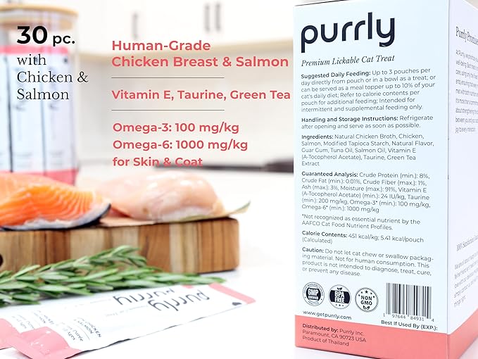 Purrly Hydrating Wet Cat Treat Snack Topper Creamy Purée Human-Grade Chicken Breast & Salmon with Omega-3 & 6 for Skin & Coat (30 Count) Healthy Lickable Squeeze Soft Snack