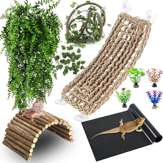 HERCOCCI Bearded Dragon Tank Accessories, Reptile Mat Bridge Hammock Flexible - Jungle Climbing Vines and Leaves with Suction Cups Habitat Décor for Hiding& Climbing Snake Gecko Lizard Chameleon