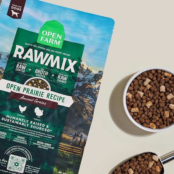 Open Farm, RawMix Dry Dog Food with Ancient Grains, Protein-Packed Kibble Coated in Bone Broth with Freeze Dried Raw Chunks, Chicken & Turkey, Open Prairie Recipe, 20lb Bag