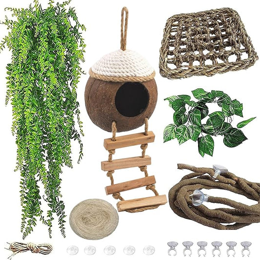 Leopard Gecko Coconut Hut with Ladder,Grested Gecko Coco Den Lizards Hanging Coconut Shell Hideout Cave Reptiles Tank Accessories Climbing Hanging Plants Jungle Vine Flexible Leaves Decor