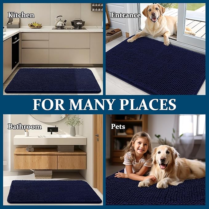 OLANLY Dog Door Mat for Muddy Paws 30x20, Absorbs Moisture and Dirt, Absorbent Non-Slip Washable Doormat, Quick Dry Chenille Mud Mat for Dogs, Entry Indoor Entryway Carpet for Inside Floor, Navy Blue